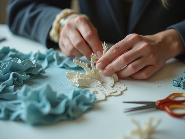 Artiste travaillant sur une sculpture textile et une œuvre en papier personnalisée